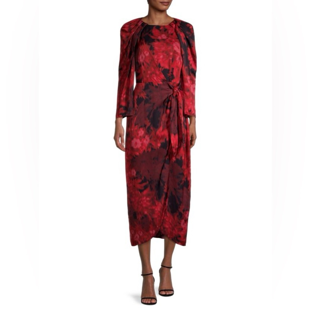 Kobi Halperin Halsey Floral Red Black Long Sleeve Midi Tie Waist Slit Dress